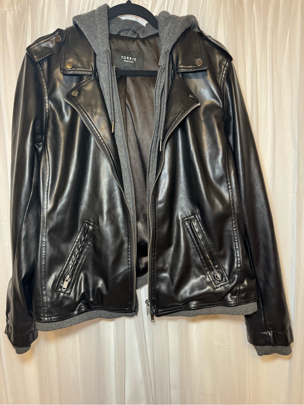 Torrid Black Faux Leather Hooded Moto Jacket Gray Size 1
